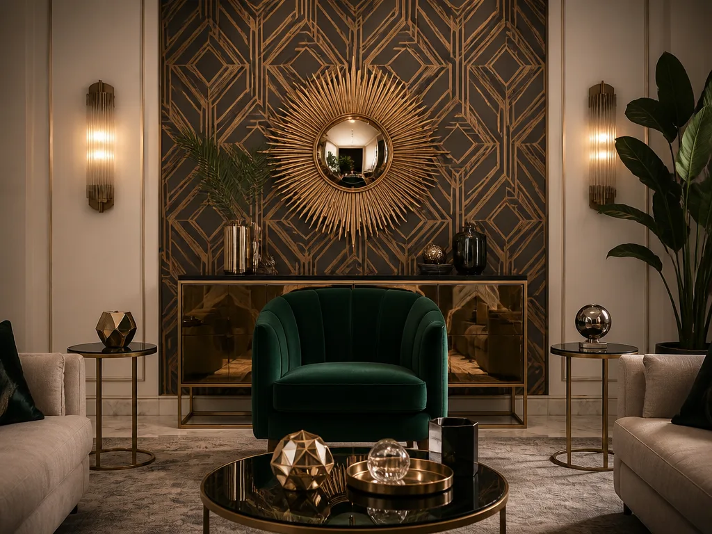 Art deco-inspirerat vardagsrum med geometriskt mönstrad tapet, mässingsdetaljer och en smaragdgrön sammetsfåtölj