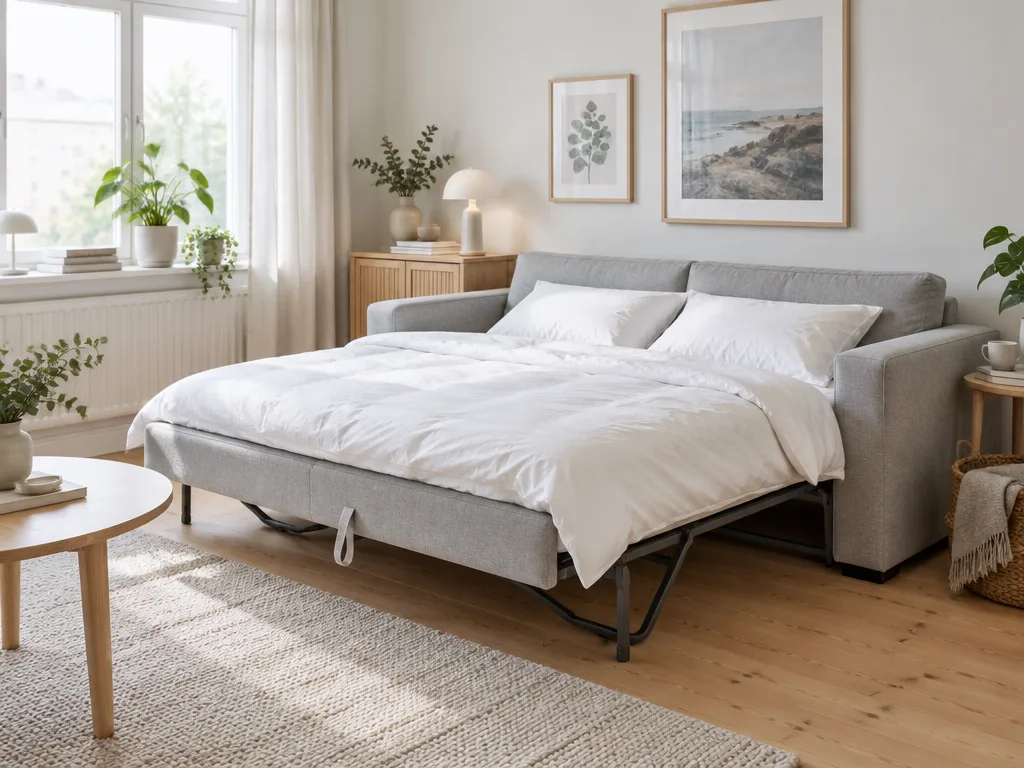 Ljusgrå bäddsoffa halvt utbäddad med vita sängkläder i ljust skandinaviskt vardagsrum