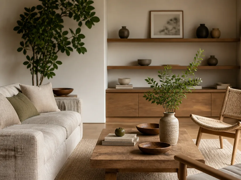 Feng shui-inspirerat vardagsrum med naturmaterial, växter och balanserad möblering