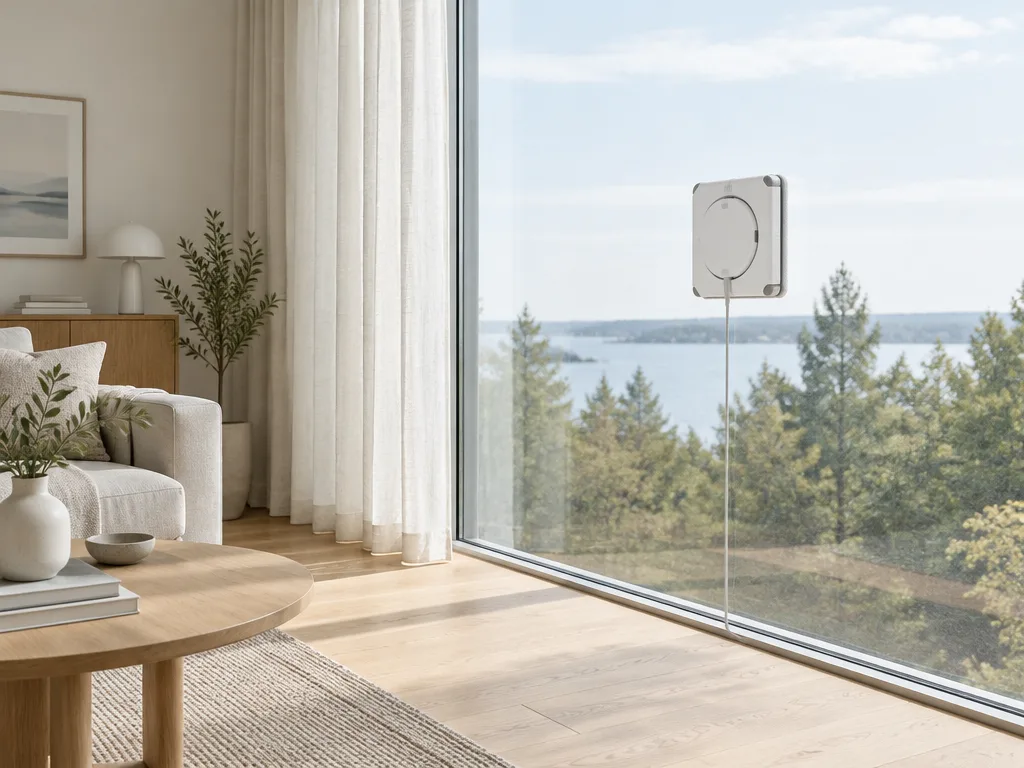 Fyrkantig fönsterputsrobot på insidan av ett stort spröjsfritt fönster i ett ljust skandinaviskt vardagsrum