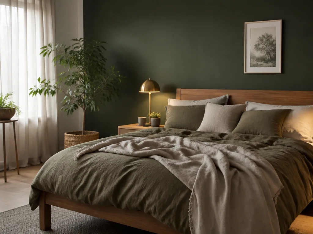 Grönt sovrum inspiration med mörkgrön väggfärg, sängkläder i naturliga toner och varm belysning
