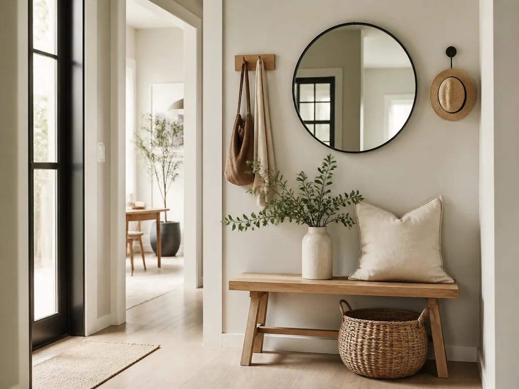 Ljus skandinavisk hall med rund spegel, väggkrokar, träbänk och flätad korg