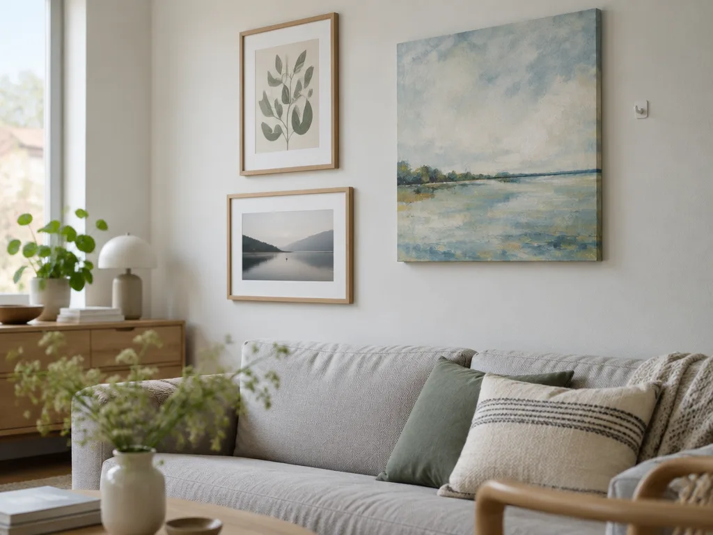 Inramade tavlor och en canvastavla på en ljus vardagsrumsvägg ovanför en grå soffa, med en liten självhäftande krok på väggen
