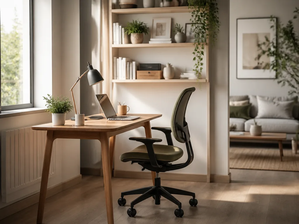 Ljust hemmakontor med skrivbord vid fönstret, ergonomisk stol och öppna hyllor med växter