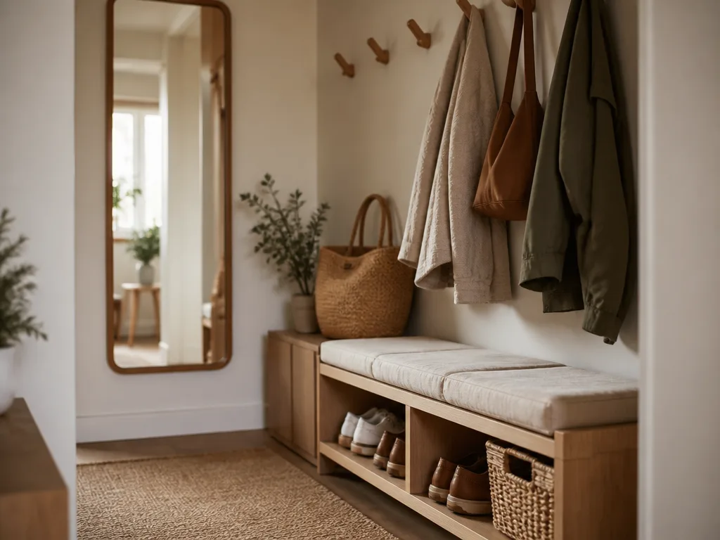 Välorganiserad hall med träbänk, väggkrokar och spegel – smart hallförvaring i skandinavisk stil