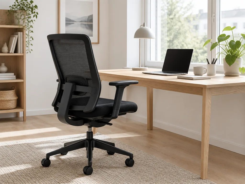 Svart ergonomisk kontorsstol med nätrygg vid ett ljust skrivbord i ett hemmakontor