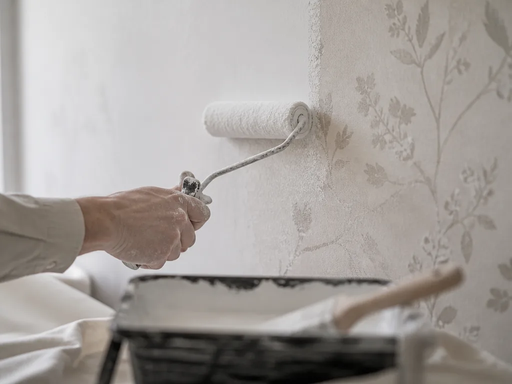 Hand som rullar väggfärg över en tapet med roller, penslar och färgbytta i förgrunden