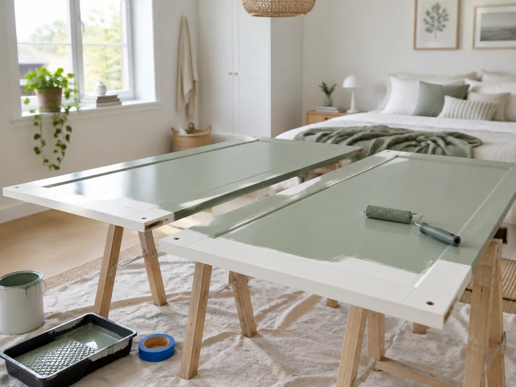 Garderobsdörrar som ligger på målarbockar och målas i salviagrönt med liten roller
