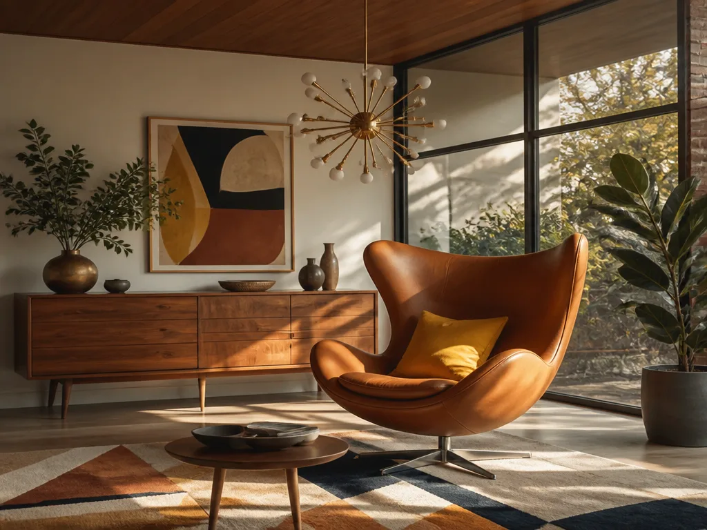 Inredning i mid century modern stil med organisk läderfåtölj och sideboard i valnöt med taperade ben
