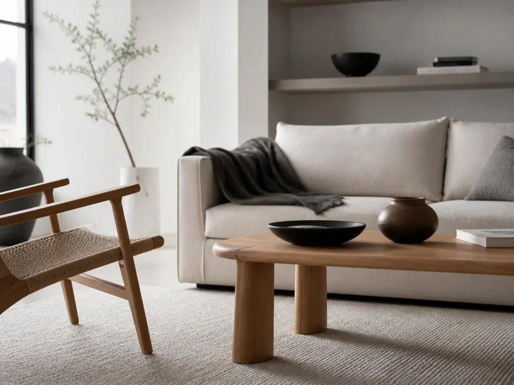 Minimalistiskt vardagsrum i vitt och grått med möbler i naturligt trä och mjuka texturer