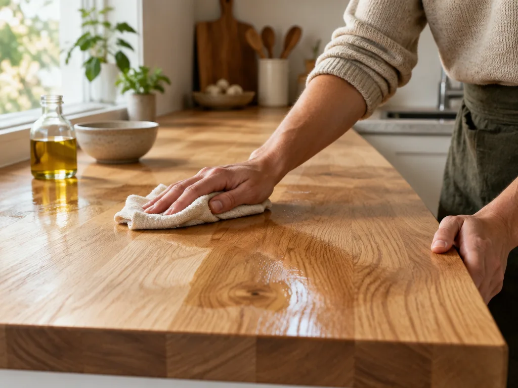 Hand som torkar in olja med en ljus trasa på en bänkskiva i massiv ek i ett ljust kök