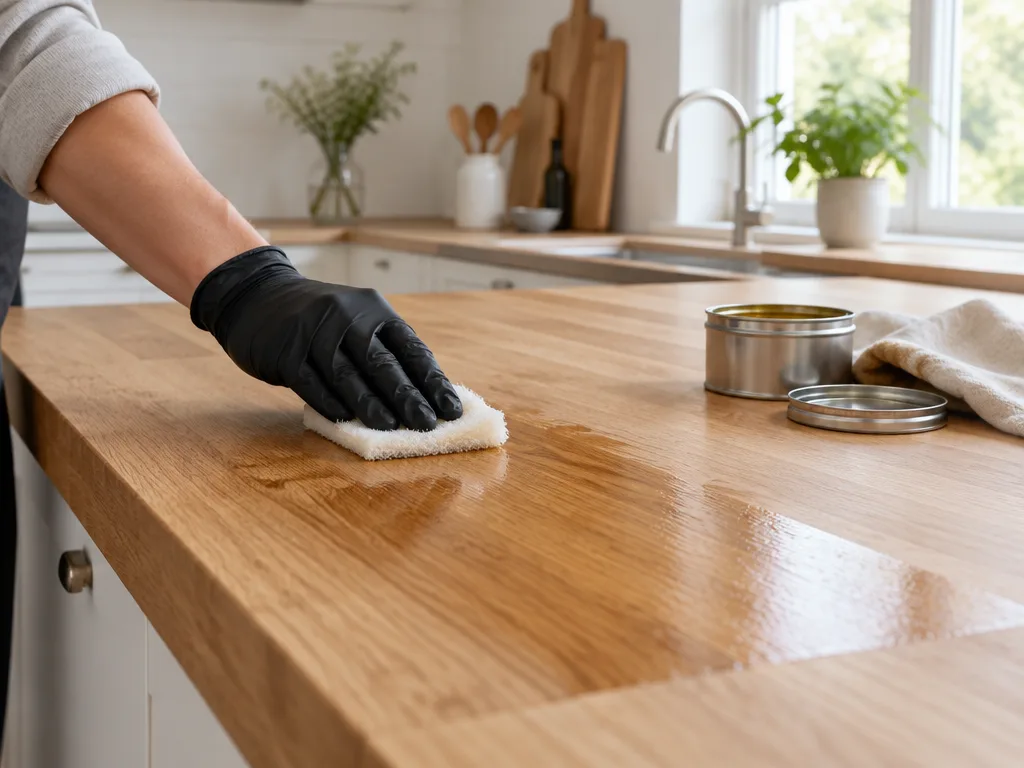 Hand i svart handske som arbetar in hårdvaxolja med vit skurnylon på en bänkskiva i massiv ek i ett ljust kök