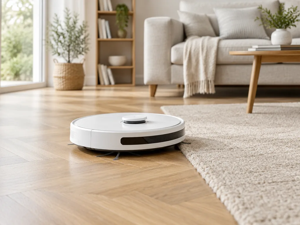 Vit robotdammsugare på ett ljust ekgolv i fiskbensmönster bredvid en beige ullmatta i ett skandinaviskt vardagsrum
