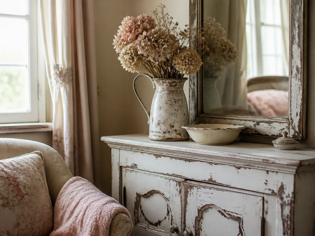 Shabby chic-inspirerat rum med ett vitmålat, avskavt skåp, blommönstrade kuddar och en antik spegel