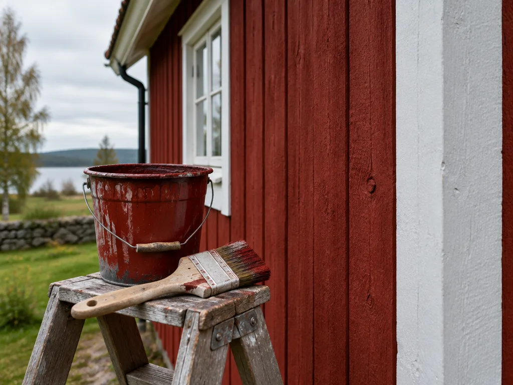 Rödmålad träfasad med vita knutar och en bred pensel vid färgburken
