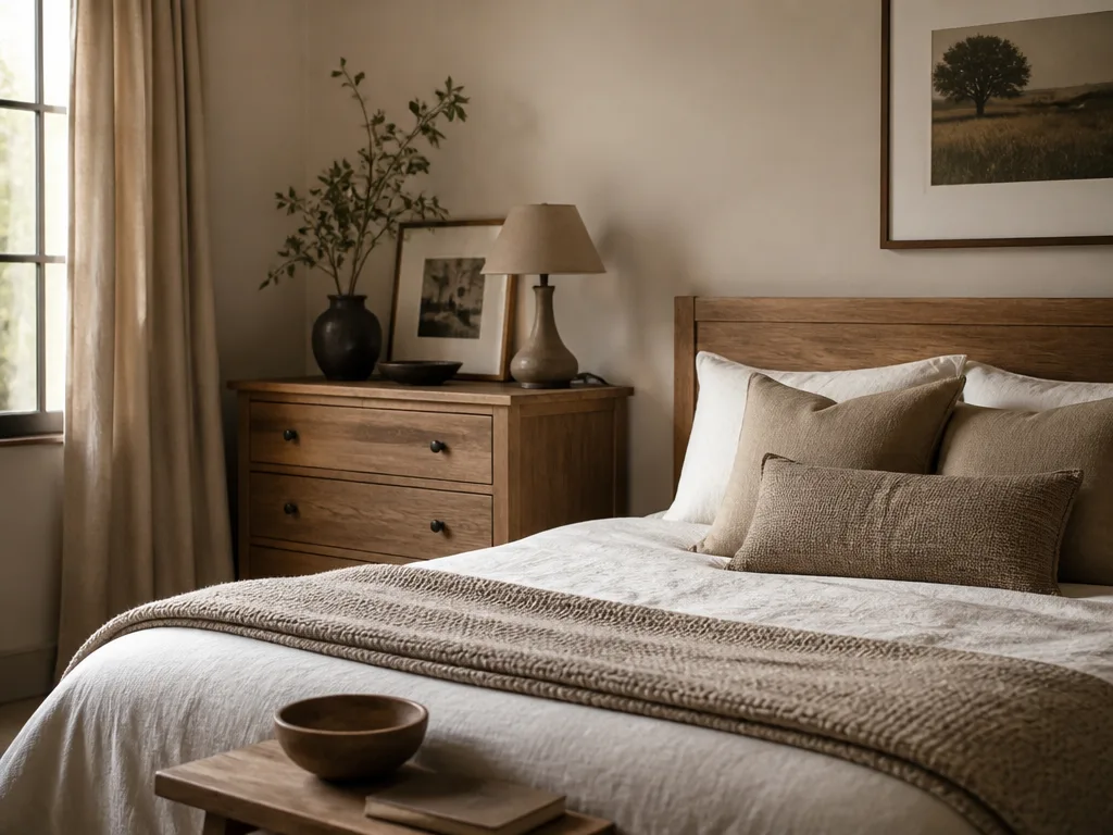 Beige sovrum inspiration med ljusa väggar, sängkläder i naturliga toner och varm belysning