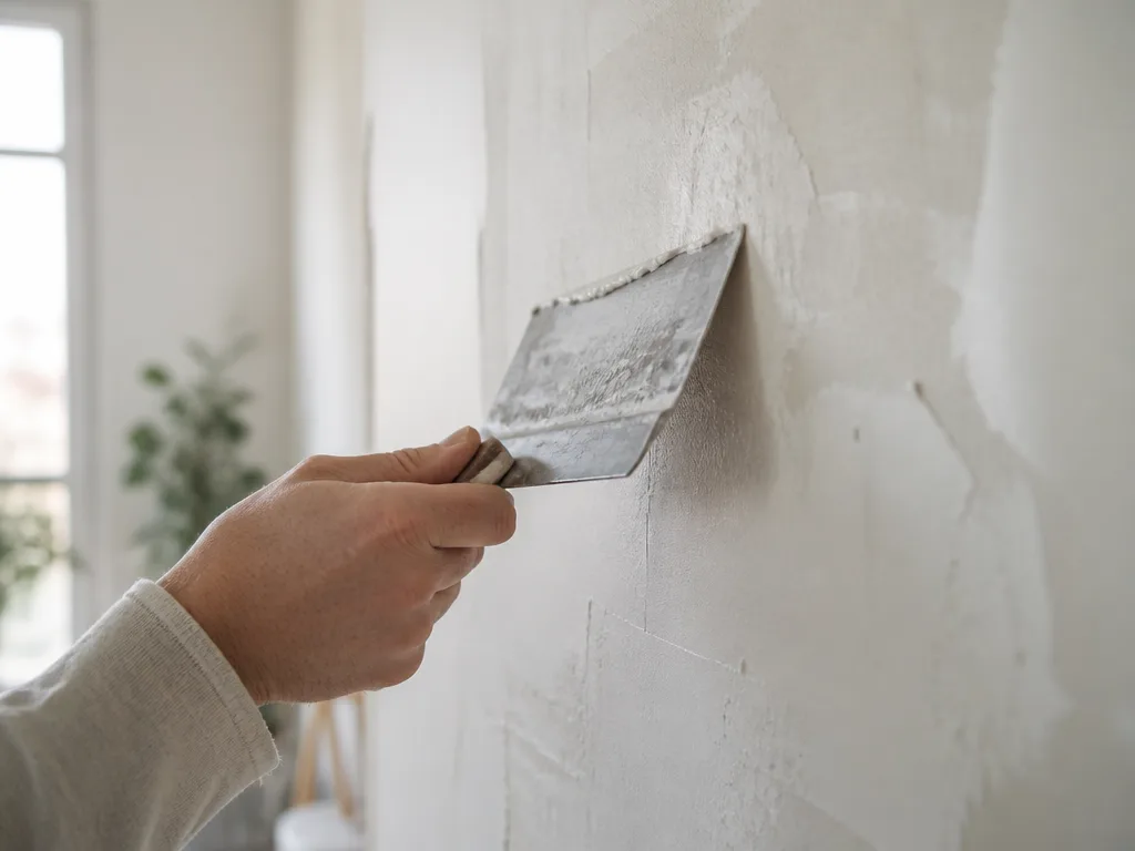 Hand som spacklar en vägg jämnt med en bred spackelspade