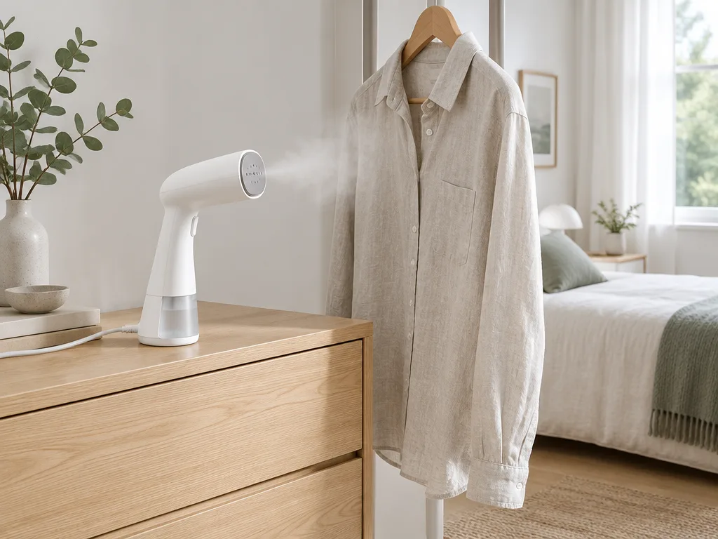 Handhållen steamer utan märke som ångar en ljus skjorta på en galge i ett ljust sovrum