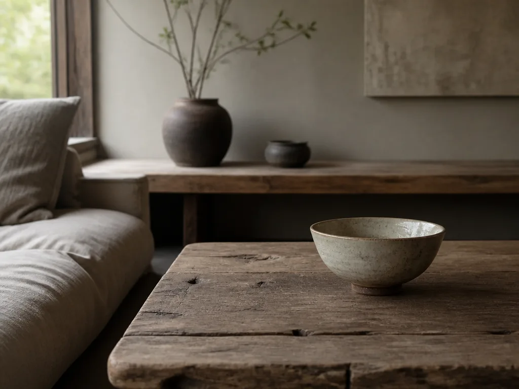 Wabi sabi-inspirerat rum med naturligt åldrat trä, en handgjord keramikskål och mjukt dagsljus